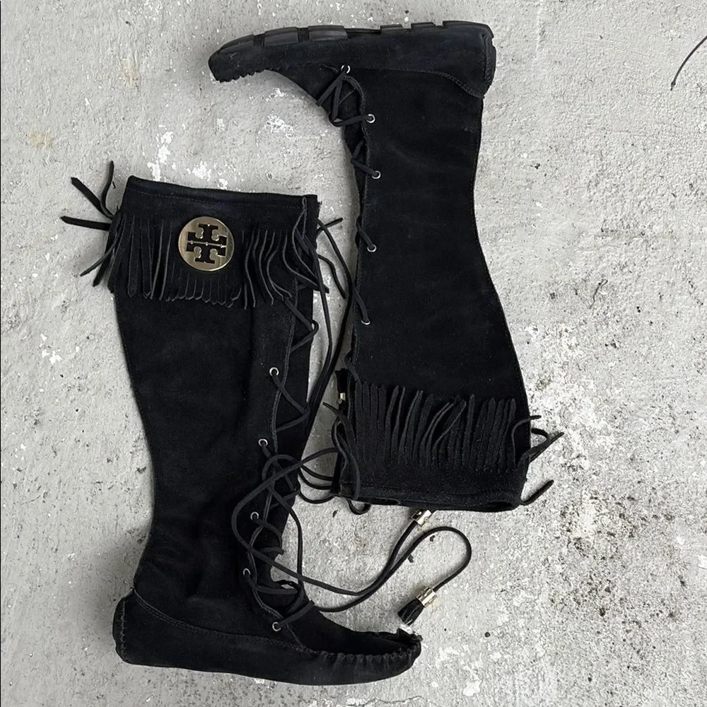 Tory Burch Walker moccasin fringe suede boots